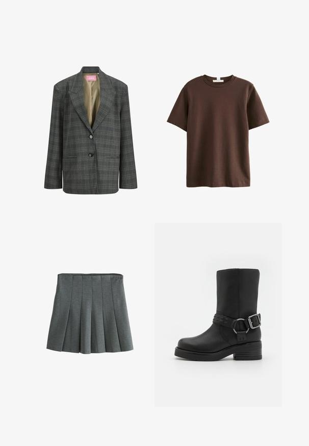 Dunkelgrauer Karoblazer mit Reverskragen, zwei Knöpfen, vorderen Eingrifftaschen und beigem Innenfutter.; Next HEAVYWEIGHT SHORT SLEEVE CREW NECK STANDARD - T-Shirt print - chocolate brown; Grauer plissierter Rock aus leichtem Stoff, mit einer taillierten Taille und strukturierten Falten, die eine schwingende Silhouette erzeugen.; Schwarze Lederstiefelette mit runder Zehenpartie, dickem Absatz und einem dekorativen Riemen mit Schnalle um den Knöchel. Strukturiertes Finish.