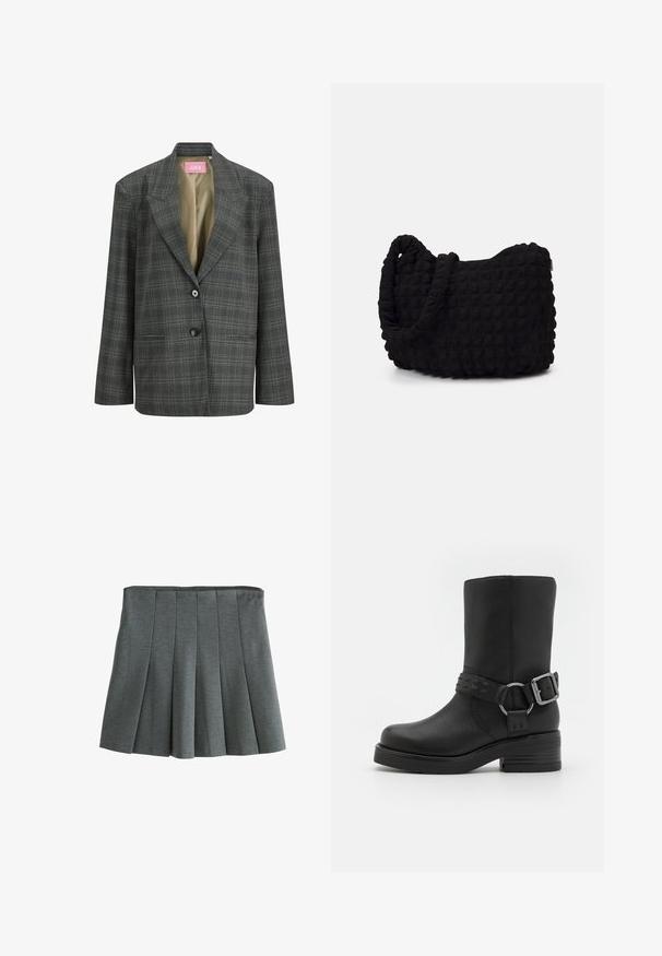 Blazer din carouri gri închis cu rever în formă de notch, două butoane, buzunare frontale cu flaps și căptușeală bej.; Next HEAVYWEIGHT SHORT SLEEVE CREW NECK STANDARD - Tricou cu imprimeu - chocolate brown; Fustă plisată gri, realizată dintr-un material ușor, cu talie ajustată și plisuri structurate care creează o siluetă evazată.; Botine negre din piele, cu vârful rotund, toc gros și o curea decorativă în jurul gleznei. Finisaj texturat.; Geantă dintr-un material textil negru, cu un model texturat și matlasat. Formă rotundă, mânere scurte și groase, și o structură moale, flexibilă.