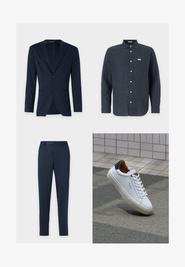 Tumesinine blazer, millel on nööpauk ja kaks eesmist nööpi, ning üks rinnatasku, valmistatud siledast kangast. Kohandatud lõige.; Tume sinine pikkade varrukatega lina särk, millel on nööpidega krae, ette pandud tasku ja valged nööbid. Wrangleri logo taskul.; Tumed sinised vooderdatud püksid sirge istuvusega, millel on nööbikinnitus ja vööauged. Valmistatud siledast, kergekaalulisest kangast.; Valge nahast tennis, millel on tumesinine konts, ümmargune nina ja kontrastsed pruuni aktsendid. Omab lamepaelti ja tekstureeritud kummist tallat.