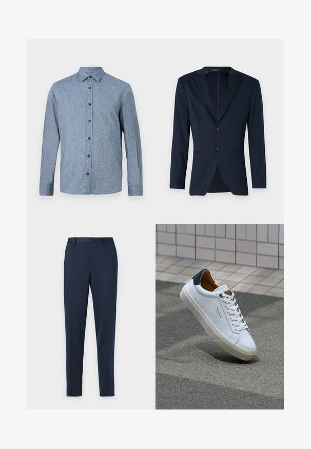 Sötétkék blézer klasszikus hajtókával, két elülső gombbal és egyetlen mellszámmal, sima anyagból készült. Testreszabott fazon.; Hosszú ujjú ing világos kék szövetből, texturált szövésű, gallérral és hat sötétbarna gombbal az elején.; Tengerészkék, egyenes szabású, testre szabott nadrág, gombos záródással és övhurkokkal. Simább, könnyű anyagból készült.; Fehér bőr sneaker sötétkék sarkúval, kerek orral és kontrasztos barna részletekkel. Lapított fűzőkkel és textúrált gumitalppal rendelkezik.