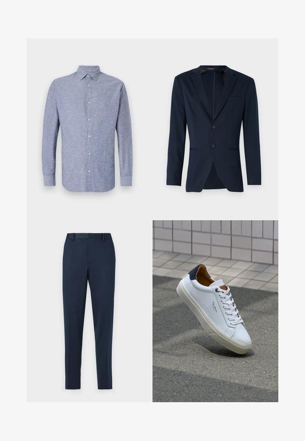 Sötétkék blézer klasszikus hajtókával, két elülső gombbal és egyetlen mellszámmal, sima anyagból készült. Testreszabott fazon.; Hosszú ujjú ing világoskék anyagból, texturált felülettel, gombos elülső résszel és klasszikus gallérral. Öt gomb található az elején.; Tengerészkék, egyenes szabású, testre szabott nadrág, gombos záródással és övhurkokkal. Simább, könnyű anyagból készült.; Fehér bőr sneaker sötétkék sarkúval, kerek orral és kontrasztos barna részletekkel. Lapított fűzőkkel és textúrált gumitalppal rendelkezik.