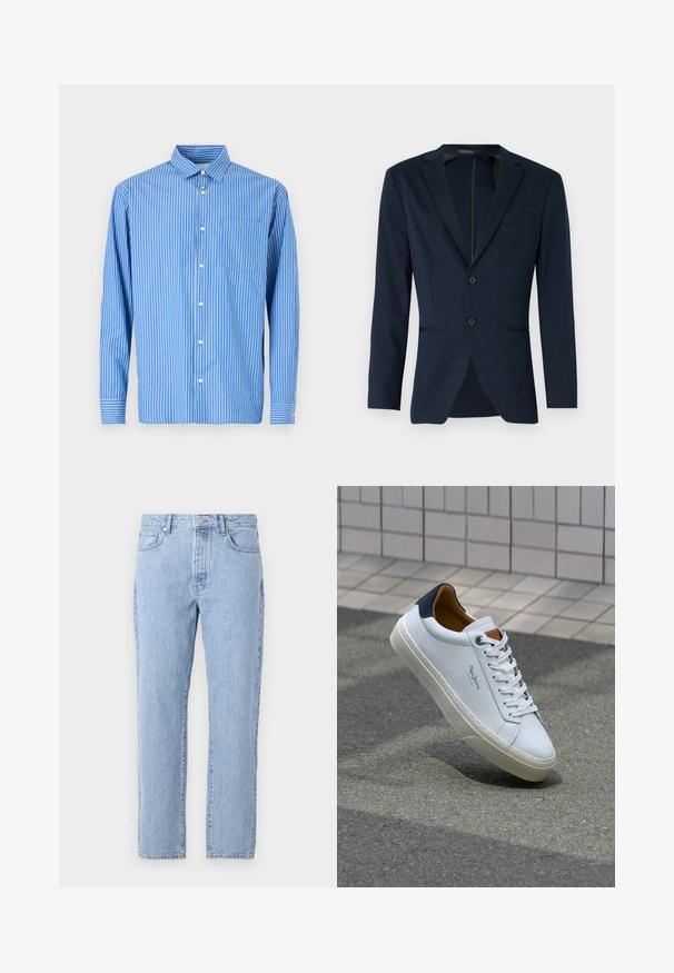 Tumesinine blazer, millel on nööpauk ja kaks eesmist nööpi, ning üks rinnatasku, valmistatud siledast kangast. Kohandatud lõige.; Sinine ja valge triibuline pikkade varrukatega särk, nööbid ees, klassikaline krae ja ühe rinnataskuga. Pehme puuvillane kangas.; Heledad sinine denimipüks, sirge säärekujundusega, viis taskut ja nööbiga sulgemine. Pehme tekstuur ja klassikaline kulunud viimistlus.; Valge nahast tennis, millel on tumesinine konts, ümmargune nina ja kontrastsed pruuni aktsendid. Omab lamepaelti ja tekstureeritud kummist tallat.