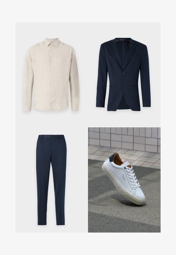 Blazer blu navy con rever a scollatura, due bottoni frontali e una tasca sul petto, realizzato in un tessuto liscio. Vestibilità sartoriale.; Camicia button-down in lino beige chiaro con colletto a punta, maniche lunghe e una texture sottile; presenta sei bottoni abbinati lungo la parte anteriore.; Pantaloni tailored blu navy con vestibilità dritta, dotati di chiusura a bottoni e passanti per cintura. Realizzati in tessuto morbido e leggero.; Sneaker bianca in pelle con tallone blu, punta rotonda e accenti marroni a contrasto. Presenta lacci piatti e suola in gomma testurizzata.
