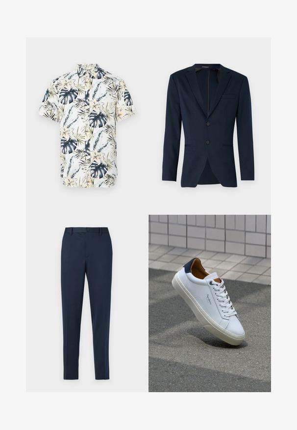 Blazer blu navy con rever a scollatura, due bottoni frontali e una tasca sul petto, realizzato in un tessuto liscio. Vestibilità sartoriale.; Camicia a maniche corte con base bianca e stampa tropicale che presenta foglie blu e verdi, fiori gialli e chiusura con bottoni.; Pantaloni tailored blu navy con vestibilità dritta, dotati di chiusura a bottoni e passanti per cintura. Realizzati in tessuto morbido e leggero.; Sneaker bianca in pelle con tallone blu, punta rotonda e accenti marroni a contrasto. Presenta lacci piatti e suola in gomma testurizzata.