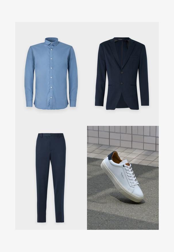 Blazer blu navy con rever a scollatura, due bottoni frontali e una tasca sul petto, realizzato in un tessuto liscio. Vestibilità sartoriale.; Camicia azzurra a maniche lunghe con colletto a polo, caratterizzata da una texture liscia e sei bottoni bianchi lungo il davanti.; Pantaloni tailored blu navy con vestibilità dritta, dotati di chiusura a bottoni e passanti per cintura. Realizzati in tessuto morbido e leggero.; Sneaker bianca in pelle con tallone blu, punta rotonda e accenti marroni a contrasto. Presenta lacci piatti e suola in gomma testurizzata.