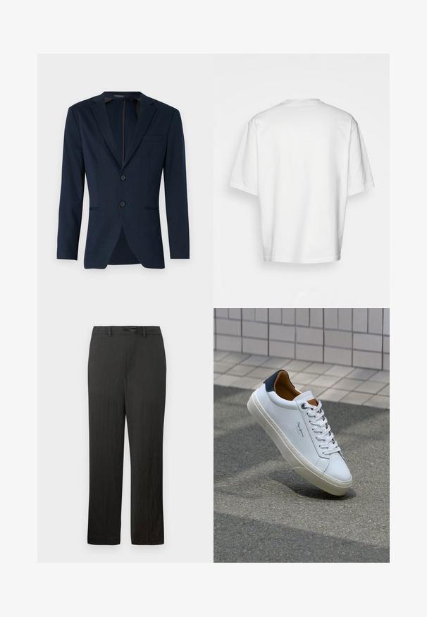 Blazer bleumarin cu rever tăiat, două butoane frontale și un singur buzunar pe piept, realizat dintr-un material neted. Croială ajustată.; Tricou alb cu mânecă scurtă, croială lejeră, decolteu rotund, material din bumbac neted, spate simplu, margine dreaptă, fără modele sau accente.; Pantaloni negri, cu picioare drepte, cu o textură fină, având un brâu cu șnur și un material subtil, ușor.; Adidași din piele albă cu călcâi bleumarin, vârf rotund și accente contrastante de culoare maro. Dispun de șireturi plate și talpă din cauciuc texturat.