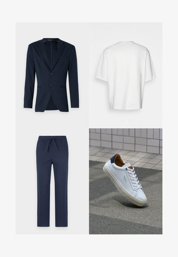 Navyblaues Blazer mit Reverskragen, zwei Frontknöpfen und einer einzelnen Brusttasche, aus einem glatten Stoff gefertigt. Passform: tailliert.; Weißes T-Shirt mit kurzen Ärmeln, lockere Passform, runder Ausschnitt, glattes Baumwollmaterial, ungeschmückter Rücken, gerader Saum, keine Muster oder Akzente.; Marineblaue elastische Hose mit Kordelzug, gerade Beinform, glatter Textur und ohne sichtbare Muster oder Hardwaredetails.; Weiße Ledersneaker mit navyfarbenem Fersenbereich, runder Zehenpartie und kontrastierenden braunen Akzenten. Verfügt über flache Schnürsenkel und eine strukturierte Gummisohle.