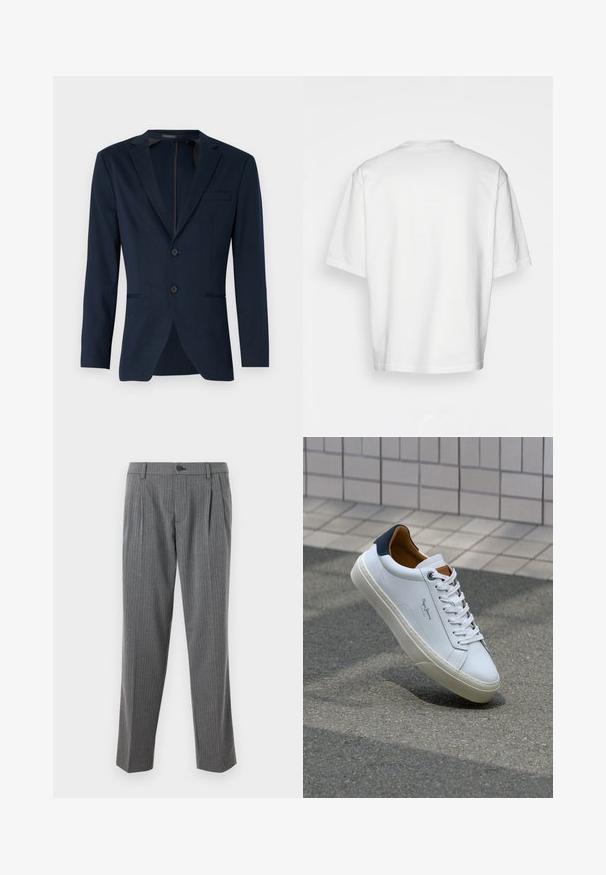 Blazer azul marino con solapa de muesca, dos botones frontales y un bolsillo en el pecho, hecho de una tela suave. Corte ajustado.; Camiseta blanca de manga corta, corte holgado, cuello redondo, tela de algodón suave, parte posterior sin adornos, dobladillo recto, sin patrones ni acentos.; Pantalones grises de rayas diplomáticas con un diseño de pierna recta, que cuentan con un cierre de botón y dos pliegues delanteros, fabricados en un tejido a medida.; Zapatilla de cuero blanca con talón en azul marino, punta redonda y acentos en marrón a contraste. Presenta cordones planos y suela de goma texturizada.