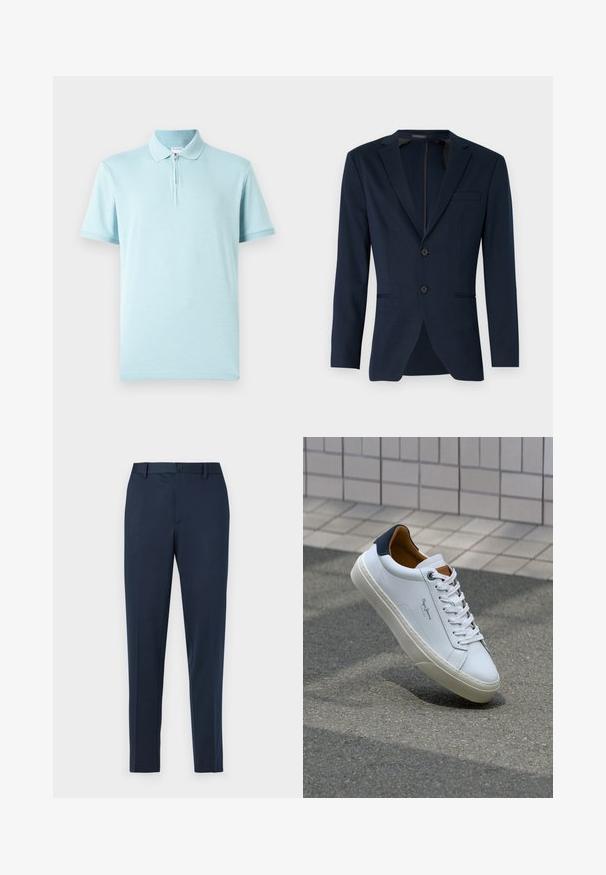 Μπλέ σακάκι με πέτο, δύο μπροστινά κουμπιά και μία τσέπη στο στήθος, κατασκευασμένο από λεία ύφασμα. Κουμπωτό.; Ανοιχτό μπλε πόλο πουκάμισο από μαλακό ύφασμα, με κλείσιμο φερμουάρ στον λαιμό, κοντά μανίκια και υφασμάτινο γιακά και μανσέτες. Κλασική σιλουέτα χωρίς σχέδια.; Ναυτικό μπλε άκαμπτο παντελόνι με ίσια γραμμή, διαθέτει κουμπί κλεισίματος και θηλιές ζώνης. Κατασκευασμένο από απαλό, ελαφρύ ύφασμα.; Λευκό δερμάτινο αθλητικό παπούτσι με ναυτική φτέρνα, στρογγυλή μύτη και αντίθετα καφέ αξεσουάρ. Διαθέτει επίπεδους κορδόνες και υφή από καουτσούκ στη σόλα.