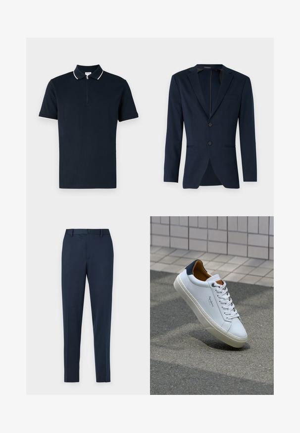 Μπλέ σακάκι με πέτο, δύο μπροστινά κουμπιά και μία τσέπη στο στήθος, κατασκευασμένο από λεία ύφασμα. Κουμπωτό.; Ναυτικό polo μπλουζάκι με κοντά μανίκια, κλειστή κολάρο με φερμουάρ και λευκές λεπτομέρειες στη λαιμόκοψη και τα μανίκια, φτιαγμένο από λεία ύφανση.; Ναυτικό μπλε άκαμπτο παντελόνι με ίσια γραμμή, διαθέτει κουμπί κλεισίματος και θηλιές ζώνης. Κατασκευασμένο από απαλό, ελαφρύ ύφασμα.; Λευκό δερμάτινο αθλητικό παπούτσι με ναυτική φτέρνα, στρογγυλή μύτη και αντίθετα καφέ αξεσουάρ. Διαθέτει επίπεδους κορδόνες και υφή από καουτσούκ στη σόλα.