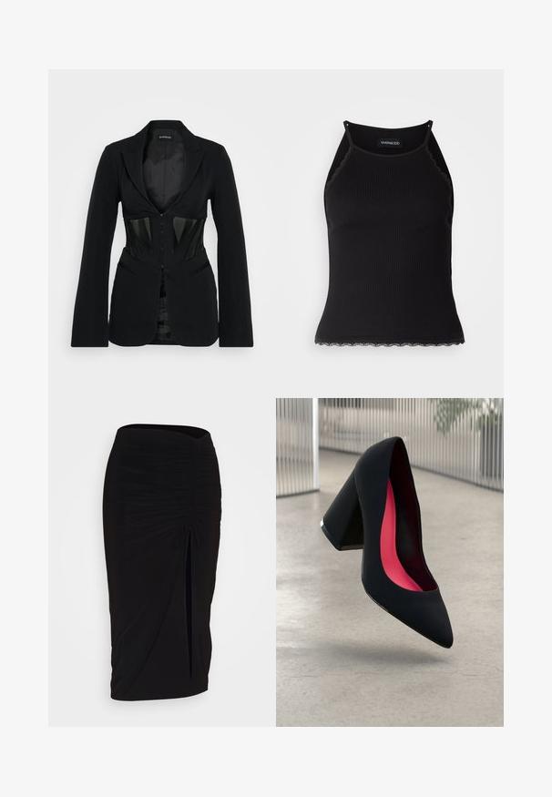 Even&Odd Suknjič - black; Črn rebrast top brez rokavov z valovitimi čipkastimi robovi na dnu. Ima tanke naramnice in oprijet kroj. Narejen je iz raztegljivega materiala.; Črna, nabrana svinčnik krilo z detajlom v obliki traku in stranskim razporkom. Narejeno iz raztegljive tkanine, ki se ponaša z gladko teksturo in oblikovanjem, ki se prilega telesu.; Črne visoke petke z nazobčanim prstom, teksturirano površino in živahnimi rožnatimi notranjimi deli. Imajo robustno peto z srebrnim akcentom.