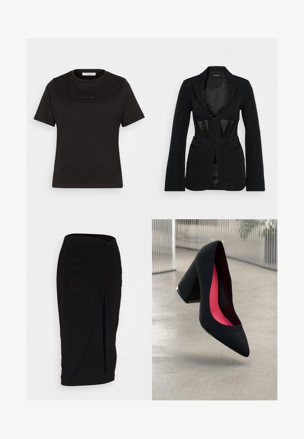 Even&Odd - Żakiet; Czarna bawełniana koszulka z okrągłym dekoltem i krótkimi rękawami. Posiada subtelny detal z logo z przodu oraz gładką fakturę.; Czarna, marszczona spódnica typu ołówkowego z węzłem i bocznym rozcięciem. Wykonana z elastycznego materiału, o gładkiej fakturze i dopasowanym kroju.; Czarna szpilka o spiczastym nosie, z teksturowaną powierzchnią i intensywnie różowym wnętrzem. Posiada masywny obcas z srebrnym akcentem.