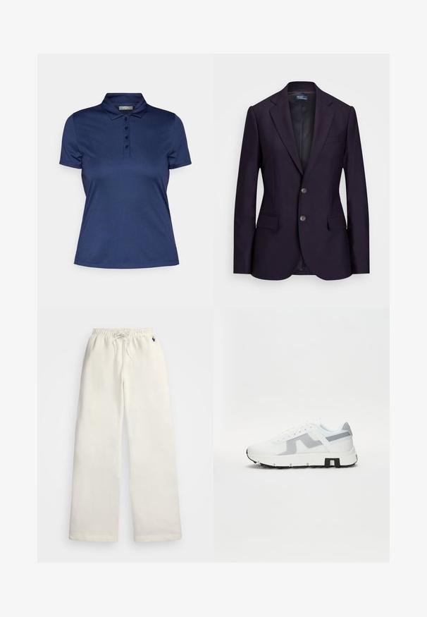 Tengerész navy blézer, testre szabott fazonnal, két elülső gombbal, kivágott hajtókával és oldalsó zsebekkel. Simább textúrájú, letisztult vonalú, látható minták nélkül.; Sötétkék póló ing, sima, könnyű anyagból készült. Klasszikus gallérral és négy gombos gombolóval, rövid ujjakkal és egyenes szegéllyel rendelkezik.; Világoskrém színű pulóver nadrág puha anyagból, elasztikus derékpánttal és zsinórral, valamint egy kis logóval az elülső bal oldalon.; Fehér sportcipő szürke kiemelésekkel, textúrázott felső résszel, vastag talppal és kontrasztos fekete sarokrésszel. Fűzős kialakítás, hálós panellel.