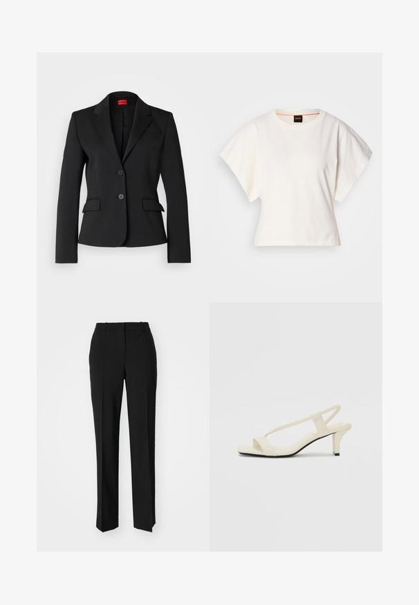 Black blazer made from smooth fabric, featuring a notched collar, two front pockets, and a two-button closure. Lined interior with logo pattern.; White cropped T-shirt, short wide sleeves, soft cotton material, round neckline with subtle orange trim, minimal design, no patterns or graphics.; Black tailored trousers with a straight-leg design, featuring a smooth texture and crisp creases along the front. No visible hardware.; Beige block-heeled sandals with thin straps and a square toe. Smooth material with minimal detailing, designed for easy wear.