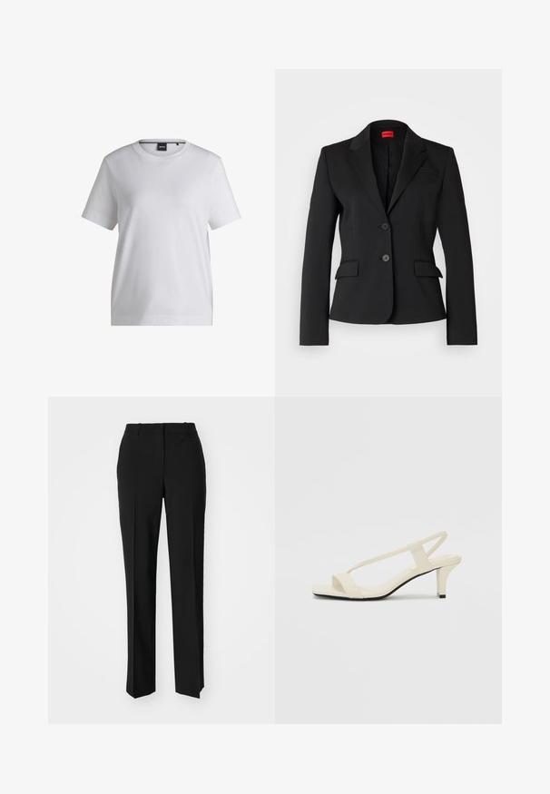Black blazer made from smooth fabric, featuring a notched collar, two front pockets, and a two-button closure. Lined interior with logo pattern.; White cotton t-shirt with a round neckline, short sleeves, and a relaxed fit. Features a small brand tag near the collar.; Black tailored trousers with a straight-leg design, featuring a smooth texture and crisp creases along the front. No visible hardware.; Beige block-heeled sandals with thin straps and a square toe. Smooth material with minimal detailing, designed for easy wear.