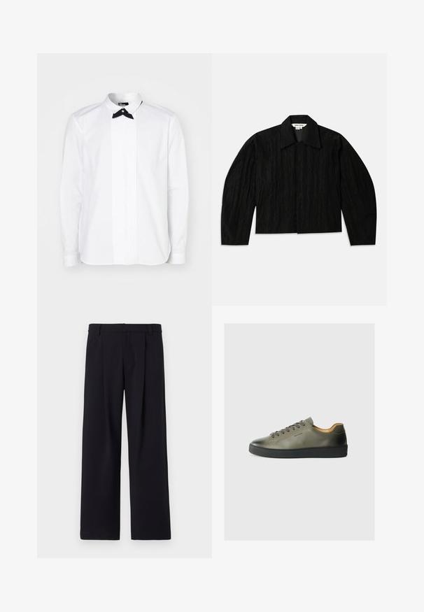 Fekete cropped dzseki textúrált felülettel, széles gallérral és hosszú, enyhén felszűkült ujakkal. Rejtett elöl záródás jellemzi.; Fehér, hosszú ujjú ing fekete csokornyakkendővel, elülső gombolással, amely vertikális redőzéssel rendelkezik a textúra és vizuális érdekesség érdekében.; Fekete szövetből készült, széles lábú nadrág, elöl hajtásokkal, sima elülső résszel és övhurkokkal. Simaság jellemzi, látható minták vagy díszítések nélkül.; Olivazöld bőr sportcipő fekete gumi talppal. Kerek orrú, tónusos fűzőkkel és minimális dizájnnal rendelkezik. Belseje világosbarna anyaggal bélelt.