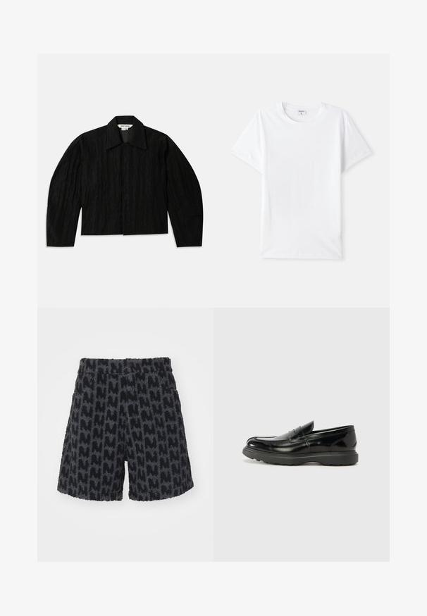 Black cropped jacket with a textured surface, wide collar, and long, slightly tapered sleeves. Features a hidden front closure.; White cotton t-shirt, crew neckline, short sleeves, smooth texture, no patterns or accents, simple design, standard fit.; Fuzzy black and gray shorts with a textured pattern resembling the letter "M." Feature a waistband with a button and side pockets.; Black leather loafer with a glossy finish, rounded toe, subtle stitching details, and a thick rubber sole for durability.