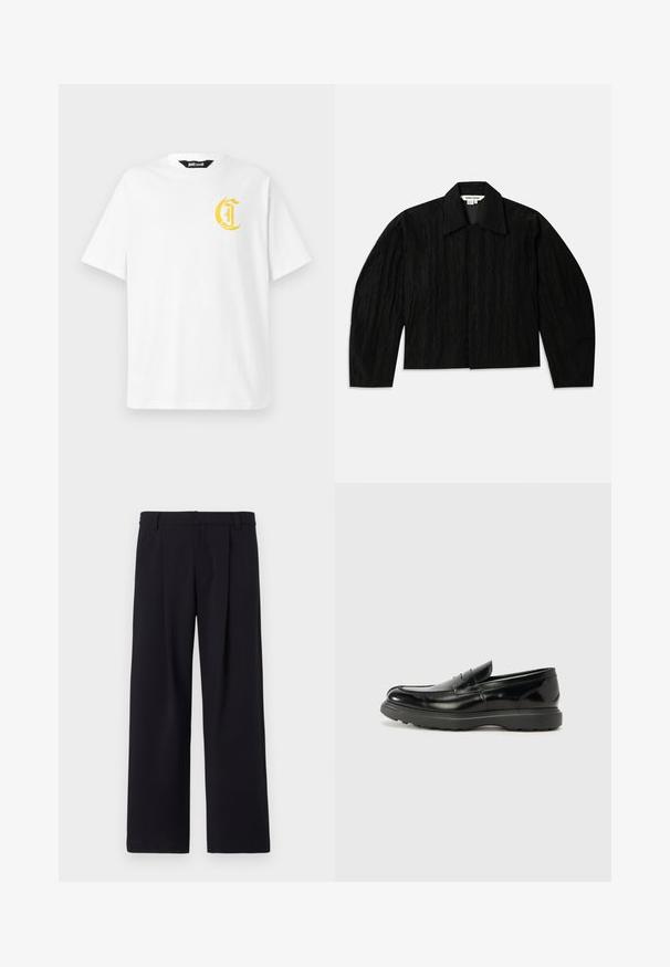 Juoda trumpa striukė su tekstūruota paviršiumi, plačiu apykakle ir ilgomis, šiek tiek siaurėjančiomis rankovėmis. Turi paslėptą priekinį užsegimą.; Balta medvilnės marškinėliai su trumpomis rankovėmis ir apvaliu kaklu. Kairėje krūtinės pusėje yra geltonas logotipas. Lygi tekstūra ir reguliari kirpimo forma.; Juodos platėjančios kelnės iš audinio, su priekiniu raukiniu, lygia priekiu ir diržo kilpomis. Lygi tekstūra be jokių matomų raštų ar akcentų.; Juodas odinis loaferis su blizgiu paviršiumi, apvaliu pirštu, subtiliais siūlių detalėmis ir storu guminio pado, užtikrinančio ilgaamžiškumą.