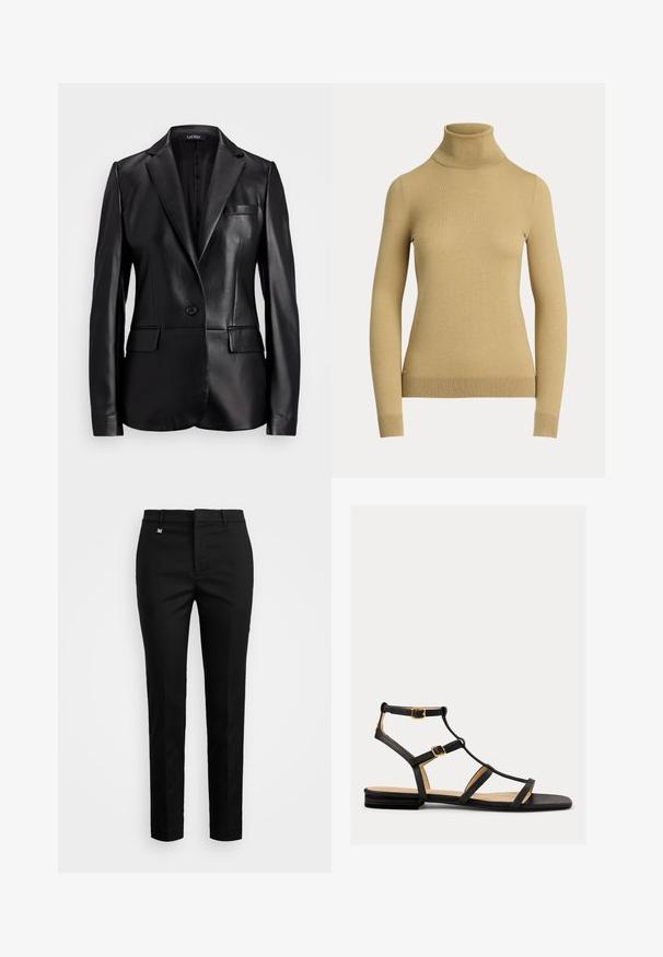 Melna ādas žakete ar izgriezumu, vienu pogu aizdari un divām priekšējām kabatām. Gluda tekstūra un pielāgota piegriezuma.; Gaišais beidzis džemperis ar augstu apkakli, izgatavots no gluda, mīksta dzijas. Tam ir garas piedurknes un pieguļošs siluets ar ribotu apakšmali.; Melni bikses ar pielāgotu piegriezumu, gludu tekstūru un plakanu priekšpusi ar diskrētām krokām. Iekļauts jostasvieta ar jostu cilpām un neliela logotipa.; Melnas plakanas sandales ar vairākiem siksnām, ar zelta detaļām un gludu tekstūru. Zema profila dizains ar mīkstu zoli.