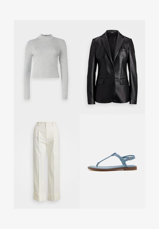 Schwarze Lederblazer mit einem Reverskragen, einreihiger Knopfschluss und zwei Fronttaschen. Glatte Textur und taillierte Passform.; Helles graues, geripptes langärmliges Turtleneck-Oberteil mit körperbetonter Silhouette und kleinem Reißverschluss am Rücken. Glatte Textur überall.; Weiße maßgeschneiderte Hose mit hoher Taille, doppelten Vorderfalten und weiten Beinen mit umgeschlagenen Säumen. Hergestellt aus einem glatten, strukturierten Stoff.; Blaue Leder-Zehensandale mit flacher Sohle, die über ein schlankes Riemendesign und einen Schnallenverschluss am Knöchel für einen sicheren Sitz verfügt.