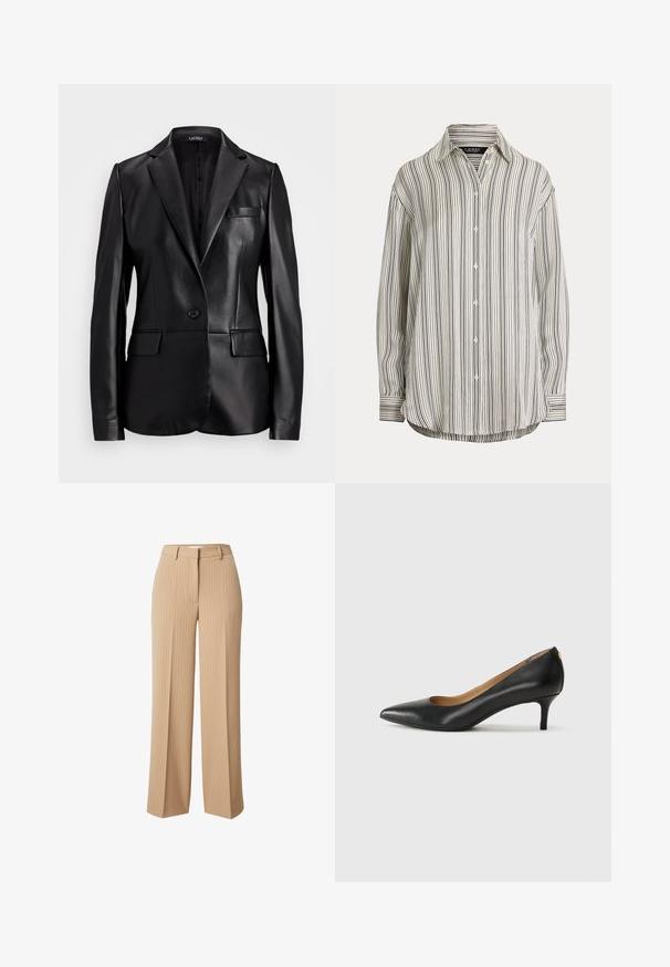 Zwarte leren blazer met een inslagkraag, enkele knoopsluiting en twee voorkoeken. Gladde textuur en op maat gemaakte pasvorm.; Knoopjesoverhemd van lichtgewicht stof, met verticale zwart-witte strepen, een puntige kraag, lange mouwen en een ronde zoom.; Beige gestreepte wijde broek met een op maat gemaakte tailleband en riemlussen, met een gladde textuur en een klassieke, rechte pasvorm.; Zwarte leren pump met een puntige teen, lage hak en een gladde textuur. Heeft een lichte opening aan de voorkant en minimale hardware aan de achterkant.