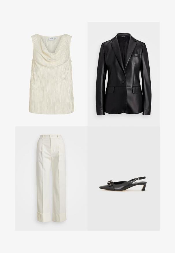 Zwarte leren blazer met een inslagkraag, enkele knoopsluiting en twee voorkoeken. Gladde textuur en op maat gemaakte pasvorm.; Mouwloos topje in crèmekleur met een gedrapeerde sjaalkraag en een gestructureerd, geribbeld patroon. Gladde stof met een lichte glans.; Witte, op maat gemaakte broek met een hoge taille, dubbele voorplooien en brede pijpen met omgeslagen manchet. Gemaakt van een gladde, gestructureerde stof.; Zwarte leren slingback schoen met scherpe neus, kleine hak en decoratieve gespdetails op de bovenkant. Stijlvolle textuur, minimalistisch ontwerp.
