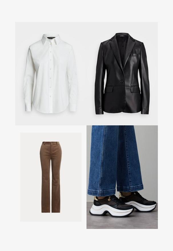 Juodas odinis švarkas su išpjautu apykakle, vienu mygtuko užsegimu ir dviem priekinių kišenių. Sklandus paviršius ir pritaikytas siluetas.; Balta ilgomis rankovėmis marškinėliai su mygtukais, pagaminti iš medvilnės. Turi klasikinį apykaklę, septynis mygtukus ir subtilų logotipą išsiuvinėtą ant krūtinės.; Rudos kordūrinio audinio kelnes su tiesia buvo, turinčios diržo kilpas, priekinėmis kišenėmis ir subtiliu vertikaliu raštu tekstūrai.; Juodi ir auksiniai sportbačiai su išlenktu balto padažo padu. Tekstūruotas audinys su logotipo akcentais. Derinami su plačiomis mėlynos spalvos džinso kelnėmis.