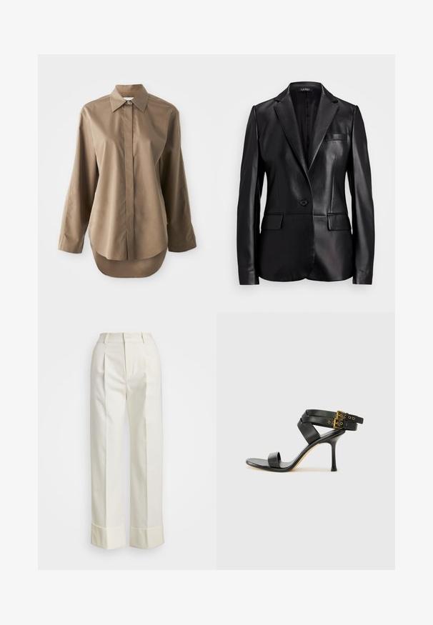 Blazer in pelle nera con colletto a punte, chiusura con un bottone e due tasche frontali. Texture liscia e vestibilità sagomata.; Camicia marrone a maniche lunghe realizzata in tessuto liscio, con colletto appuntito, chiusura frontale con bottoni e orlo arrotondato sul retro.; Pantaloni bianchi su misura con vita alta, doppie pieghe frontali e gamba larga con risvolti. Realizzati in un tessuto liscio e strutturato.; Sandal nero con tacco a spillo, straps incrociati e fibbia regolabile. Presenta una texture liscia e un tacco affusolato.