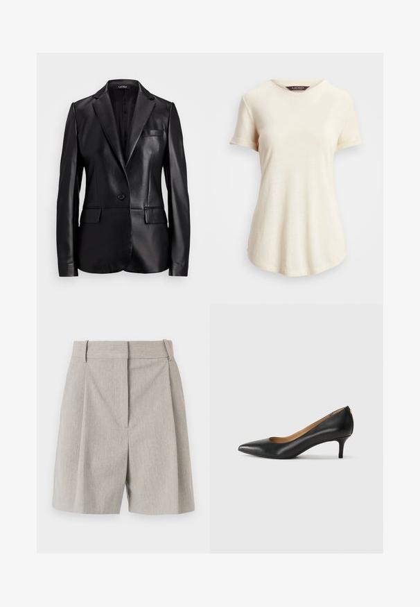 Melna ādas žakete ar izgriezumu, vienu pogu aizdari un divām priekšējām kabatām. Gluda tekstūra un pielāgota piegriezuma.; Krēma krāsas T-krekls ar īsām piedurknēm un apaļu kakla izgriezumu. Mīksta tekstūra un brīvs piegriezums, ar sarullētām piedurknēm un nedaudz noapaļotu apakšmalu.; By Malene Birger POVILLE - Šorti - grey brown; Melnas ādas augstpapēžu kurpes ar pīlādžu purngalu, zemu papēdi un gludu virsmu. Raksturīga neliela atvere priekšā un minimāls aprīkojums aizmugurē.