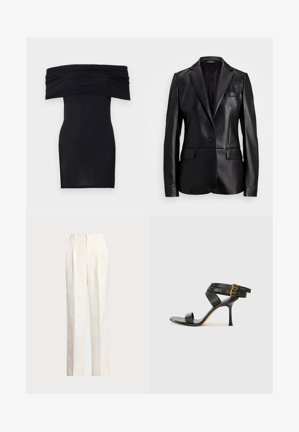 Schwarze Lederblazer mit einem Reverskragen, einreihiger Knopfschluss und zwei Fronttaschen. Glatte Textur und taillierte Passform.; Schwarzes schulterfreies Kleid mit gerafftem Ausschnitt, schmaler Passform und glatter Textur. Minimalistisches Design, knielang ohne zusätzliche Verzierungen.; Polo Ralph Lauren HEMP WIDE LEG PANT - Stoffhose - nevis; Schwarze Absatzsandale mit gekreuzten Riemen und verstellbarem Schnallenverschluss. Sie verfügt über eine glatte Textur und einen schmalen Stiletto-Absatz.