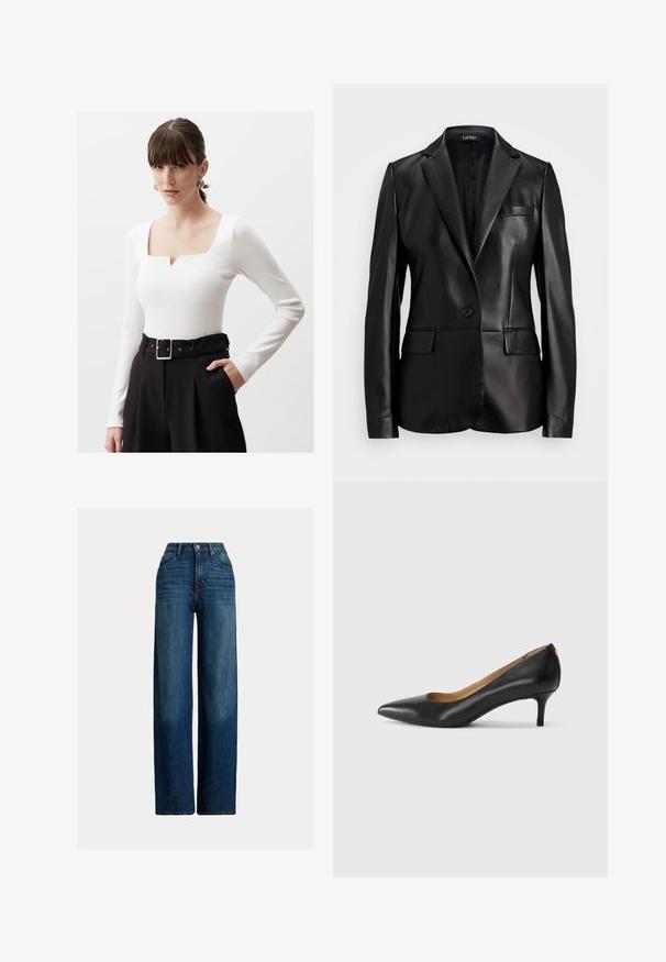 Zwarte leren blazer met een inslagkraag, enkele knoopsluiting en twee voorkoeken. Gladde textuur en op maat gemaakte pasvorm.; Jimmy Key STYLISH - Longsleeve - white; Wijde spijkerbroek in donkerblauw. Met een hoge taille, knoopsluiting en klassiek vijfzak ontwerp. Effen textuur met subtiele vervaging.; Zwarte leren pump met een puntige teen, lage hak en een gladde textuur. Heeft een lichte opening aan de voorkant en minimale hardware aan de achterkant.
