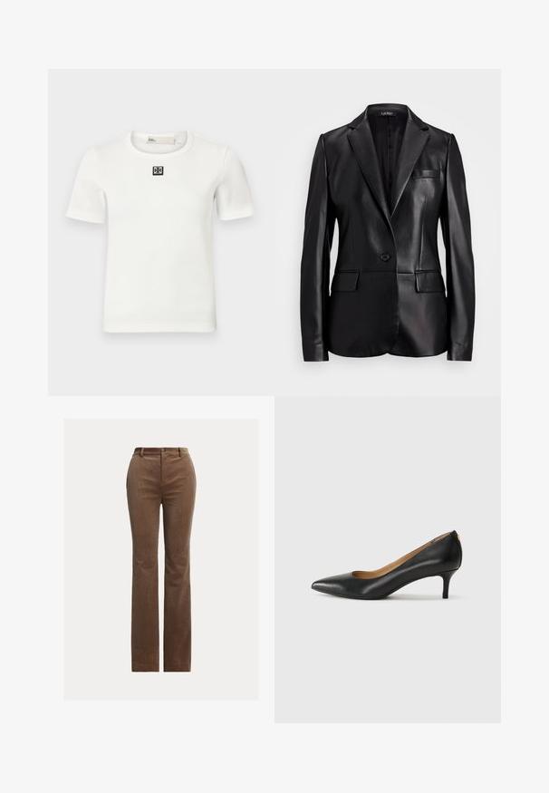 Črn usnjen blazer z izrezanim ovratnikom, enojnimi gumbi in dvema sprednjima žepoma. Gladka tekstura in prilagojen kroj.; Bela rebrasta majica s kratkimi rokavi z govorno črnim logotipom na prsih; okroglo izrezana, prilegajoča se oblika in mehka tekstura.; Rjave kordurojske hlače s ravnim krojem, ki imajo zanke za pas, sprednje žepe in subtilno vertikalno rebrasto teksturo.; Črne usnjene črpalke s koničastim nosom, nizko peto in gladko teksturo. Imajo rahlo odprtino spredaj in minimalno opremo zadaj.