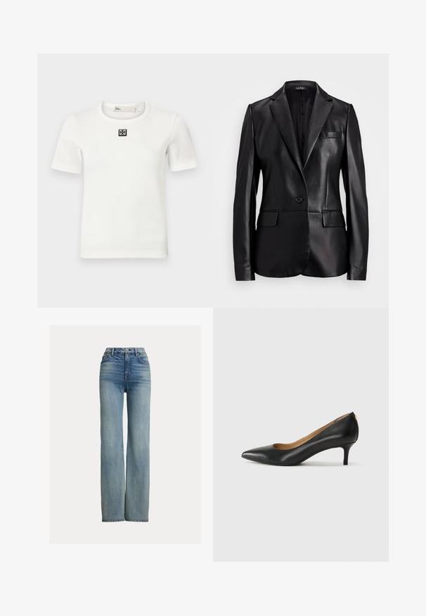 Sacou din piele neagră cu guler tăiat, închidere cu un singur nasture și două buzunare frontale. Textură netedă și croială ajustată.; Tricou alb cu mânecă scurtă, cu detaliu pătrat negru pe piept; guler rotund, formă ajustată și textură moale.; Jeans albaștri cu talie înaltă și croială dreaptă, dotate cu buzunare frontale, bucle pentru curea și închidere cu nasture, având detalii ușor decolorate.; Pantofii din piele neagră au vârful ascuțit, toc mic și o textură netedă. Au o deschidere ușoară în față și un hardware minim în spate.