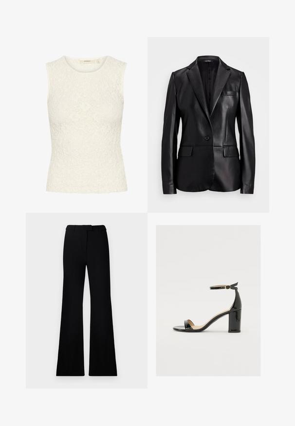 Juodas odinis švarkas su išpjautu apykakle, vienu mygtuko užsegimu ir dviem priekinių kišenių. Sklandus paviršius ir pritaikytas siluetas.; Balta nėriniais pagaminta be rankovių palaidinė su tekstūrinėmis gėlių raštais. Prigludęs dizainas, apvalus kaklas ir lygūs apatiniai kraštai.; Juodos platėjančios kelnės su lygiu paviršiumi, pritaikyta juosmeniu ir priekinių kišenių dizainu, sukurtos su modernia, elegantiška siluetu.; Juodas lakinės odos sandalai su plačiu kulnu, atvira koja ir kulkšnies juostele, turinčia auksinę sagtį. Lygi tekstūra ir elegantiškas dizainas.