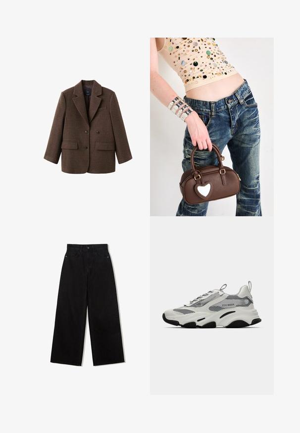Brown plaid blazer in a structured design with peak lapels, double buttons, and two front pockets. Soft texture with a tailored fit.; Two tank tops: one in dark brown with ribbed texture and wide straps, the other in off-white, smooth fabric with similar design.; Black, wide-leg jeans made of denim with a high waist, featuring a five-pocket design and a single button closure at the front.; White athletic sneakers with mesh panels, gray accents, and black rubber soles. Features laces, a pull tab, and brand labeling.; Brown leather handbag with a heart-shaped accent, rounded design, gold hardware, held by a hand; paired with distressed denim and a beaded top.