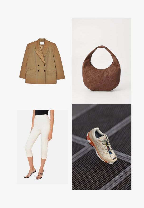 Béžový dvojradový blazer so širokými klopami, dvoma prednými vreckami s chlopňou, tmavými gombíkmi a zárezovým vreckom na hrudi na bielom pozadí.; Dvoje tielok: jedny v tmavo hnedé farbe s rebrovanou textúrou a širokýma ramienkami, druhé v off-white farbe, hladká tkanina s podobným dizajnom.; Biele skrátené nohavice s priliehavým strihom a bočnými rozparkami na leme, doplnené o čierne sandále na opätku. Hladká tkanina s lesklým povrchom.; Béžová bežecká obuv s oranžovými akcentmi, navrhnutá s textúrovaným zvrškom, čiernou podrážkou a integrovanými šnúrkami. Obsahuje značku GORE-TEX.; Hnedá tkaná kabelka s okrúhlym tvarom, s jedným polstrovaným uchom a textúrovaným povrchom. Bez viditeľných kovových častí alebo dekorácií.