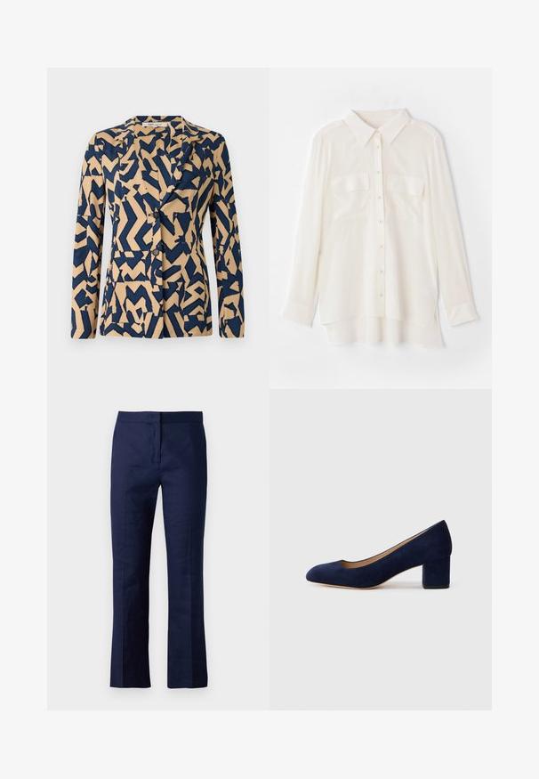 Marineblauwe en beige jas met een abstract zigzagpatroon, met enkele rij knopen, geknipte kraag en twee knopen. Zachte textuur van de stof.; Witte overhemd met knopen, gemaakt van lichtgewicht stof. Heeft een klassieke kraag, twee borstzakken en een iets langere achterkant.; Navyblauwe op maat gemaakte broek van een gladde stof, met een rechte pijp, voorplooien en een getailleerde tailleband.; Navy blauwe suède pump met een spitse neus en een blokhak van gemiddelde hoogte. Glad oppervlak met een subtiele glans en een kleine uitsparing aan de voorkant.
