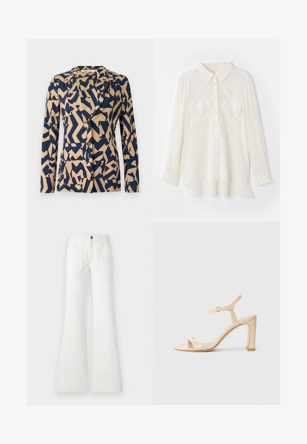 Granatowa i beżowa kurtka z abstrakcyjnym wzorem w zygzak, jednozapięciowa konstrukcja, z klapami i dwoma guzikami. Miękka tekstura materiału.; Biała koszula zapinana na guziki wykonana z lekkiego materiału. Posiada klasyczny kołnierzyk, dwie kieszenie na piersiach oraz nieco dłuższy tylny brzeg.; Białe szerokie spodnie wykonane z tkaniny, z plecionym paskiem w talii, dwoma przednimi kieszeniami oraz gładką fakturą. Zapięcie na czarny guzik.; Beżowe sandały na wysokim obcasie z paskiem na kostkę i złotą klamrą, z otwartym noskiem i słupkowym obcasem na białym tle.