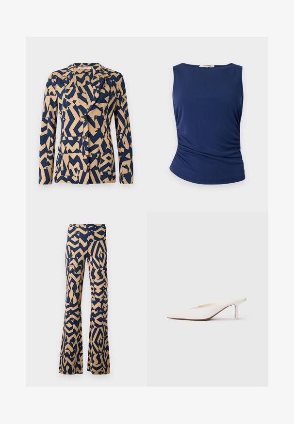 Giacca blu navy e beige con un motivo astratto a zigzag, design monopetto, colletto a scollo e due bottoni. Tessuto morbido.; Top senza maniche blu navy realizzato in tessuto liscio e elasticizzato. Presenta dettagli arricciati sui lati e un orlo arrotondato per un look aderente.; Pantaloni a zampa d'elefante con un motivo geometrico in blu navy e beige. Realizzati in un morbido tessuto, presentano una vita alta e gambe ampie.; Mule bianco a punta con tacco stiletto basso. Realizzato in materiale liscio con un design minimalista e dettagli delicati sulla suola colorato beige.
