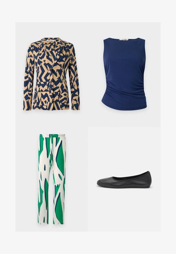 Navy blue and beige jacket with an abstract zigzag pattern, single-breasted design, notched collar, and two buttons. Soft fabric texture.; Navy blue sleeveless top made of smooth, stretchy fabric. Features gathered side detailing and a rounded hem for a fitted look.; White trousers featuring a bold green and navy blue abstract pattern. Designed with a straight leg and secured with a button closure.; Black leather ballet flat with a rounded toe, smooth texture, minimal stitching detail, and a flexible sole design.