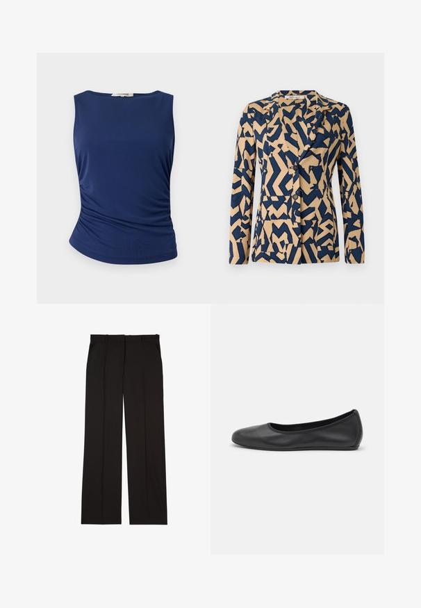 Navy blue and beige jacket with an abstract zigzag pattern, single-breasted design, notched collar, and two buttons. Soft fabric texture.; Navy blue sleeveless top made of smooth, stretchy fabric. Features gathered side detailing and a rounded hem for a fitted look.; Black tailored trousers made of a smooth fabric, featuring a straight-leg design, and two side pockets. Elegant and minimalistic construction.; Black leather ballet flat with a rounded toe, smooth texture, minimal stitching detail, and a flexible sole design.
