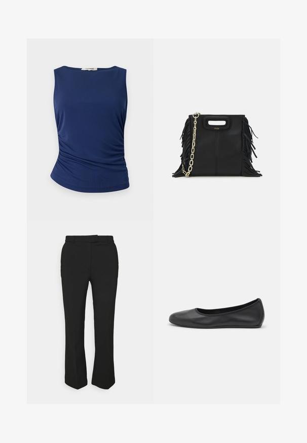 Marineblå og beige jakke med et abstrakt zigzag-mønster, ensidet design, spidse krave og to knapper. Blød stofstruktur.; Mørkeblå ærmeløs top lavet af glat, strækbart stof. Har samlede sideløsninger og en rund kant for et tætsiddende look.; Sort skræddersyede bukser med lige ben, der har bæltestropper og sidelommer. Fremstillet af glat stof med en ren finish.; Sort læderballetsko med rund tå, glat tekstur, minimal syning og et fleksibelt såldesign.; Sort læder skuldertaske med frynse-detaljer, guldkæde skulderrem og udskåret håndtag. Har logo placeret på forsiden.