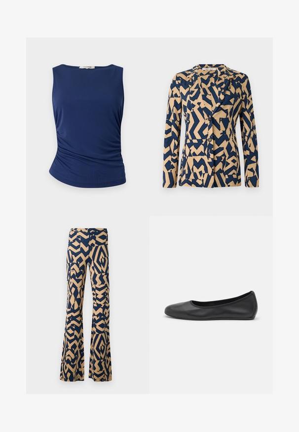 Navigomodra in bež jakna z abstraktnim zigzag vzorcem, enoredna zasnova, ovratnik s špicami in dvema gumboma. Mehka tekstura tkanine.; Mornarsko modra brezrokavna bluza iz gladkega, raztegljivega materiala. Ima nabrane stranske detajle in zaobljen rob, kar zagotavlja prilagojen videz.; Široke hlače z geometrijskim vzorcem v mornarsko modri in bež barvi. Narejene iz mehkega materiala, z visokim pasom in širokimi nogami.; Črne usnjene balerinke z zaobljenim nosom, gladko teksturo, minimalnimi šivi in fleksibilno zasnovo podplata.