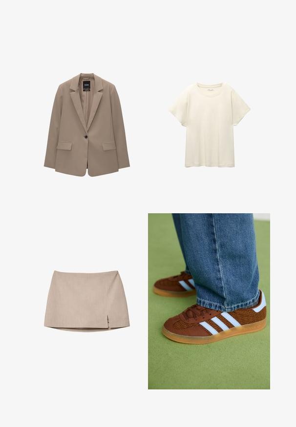 Beige Blazer mit taillierter Passform, einreihigem Knopfverschluss, Reverskragen und zwei vorderen Taschen. Glatte Textur, minimalistisches Design.; Helles beige T-Shirt mit kurzen Ärmeln und Rundhalsausschnitt, aus weichem, glattem Stoff gefertigt. Verfügt über eine lockere Passform und einen geraden Saum.; Beige Taillierte Rock aus strukturiertem Stoff mit einem leichten seitlichen Schlitz. Einfaches Design ohne zusätzliches Zubehör oder Muster.; Braune Adidas-Sneaker mit weißen Streifen und Gummisohlen, getragen mit blauen Jeans auf grünem Teppich.