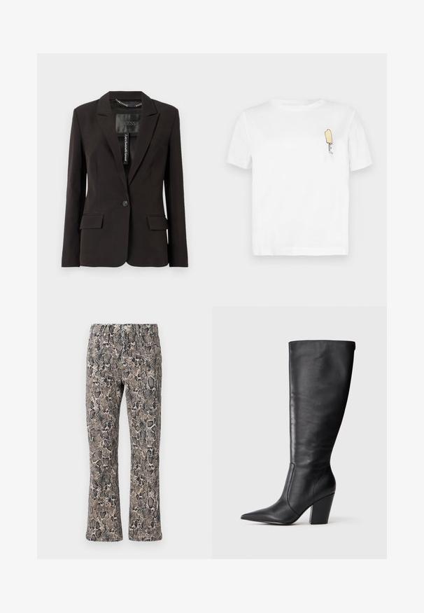 Blazer negro ajustado con solapas con muesca, cierre de un solo botón, dos bolsillos frontales y detalles en la etiqueta interior. Textura de tela suave.; Camiseta de algodón blanca con mangas cortas que presenta un gráfico minimalista de un helado amarillo bordado en el lado izquierdo del pecho.; Pantalones de estampado de serpiente en tonos marrón y negro, con un corte relajado, cinturilla elástica y tejido texturizado con un patrón escamoso.; Bota negra de cuero hasta la rodilla con punta afilada y tacón alto grueso, mostrada en perfil lateral izquierdo sobre fondo blanco.
