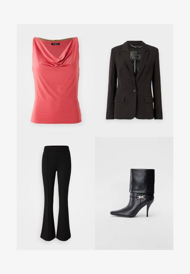 Svart skreddersydd blazer med klippte lapels, enkel knappåpning, to frontlommer og innvendig merking. Glatt stofftekstur.; Korallfarget ermeløs topp med draperte detaljer rundt halsen og gullkjede ved kragen. Glatt, elastisk stoff med en tettsittende fasong og uten mønstre.; Svarte vide bukser laget av et elastisk materiale med en glatt tekstur, og har sømdetaljer langs fronten for ekstra design.; Sorte lærstøvlett med spiss tå, høy stiletthel, omslagskant og en dekorativ gullspenne rundt ankelen.