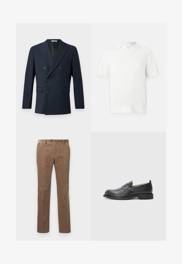 Granatowa dwurzędowa marynarka z fakturowanej tkaniny, z szerokimi klapami, czterema niebieskimi guzikami i dwoma przednimi kieszeniami w delikatny wzór kraty.; Biała, krótka koszulka polo z teksturowanym splotem, z dekoltem w kształcie litery V i ściągaczami przy rękawach dla dopasowanego wykończenia.; Brązowe spodnie z korduroy o pionowej teksturze prążkowanej, prostym kroju nogawek, z zapięciem na jeden guzik i dwoma przednimi kieszeniami.; Czarne skórzane mokasyny z gładkim wykończeniem, płaską podeszwą i zaokrąglonym czubkiem, ozdobione paskiem na górze.