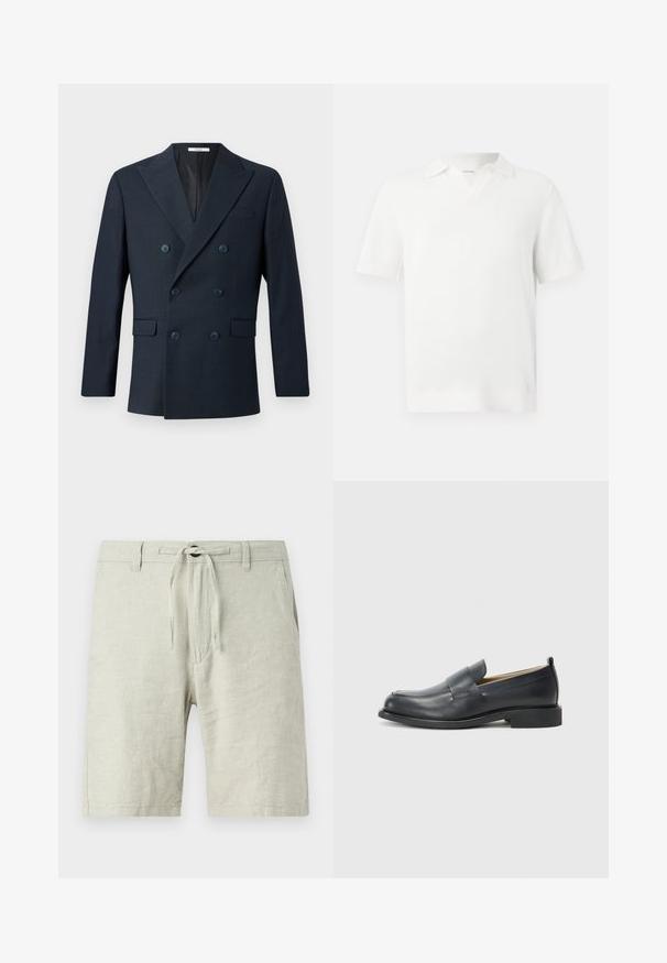 Navy double-breasted blazer in textured fabric, featuring wide lapels, four blue buttons, and two front pockets with a subtle check pattern.; White short-sleeve polo shirt with a textured knit design, featuring a V-neck collar and ribbed cuffs for a fitted finish.; Light gray linen shorts with an elastic drawstring waistband, side pockets, and a relaxed fit. Textured fabric with slight shimmer.; Black leather loafers featuring a smooth finish, a flat sole, and a rounded toe with a decorative strap across the upper.