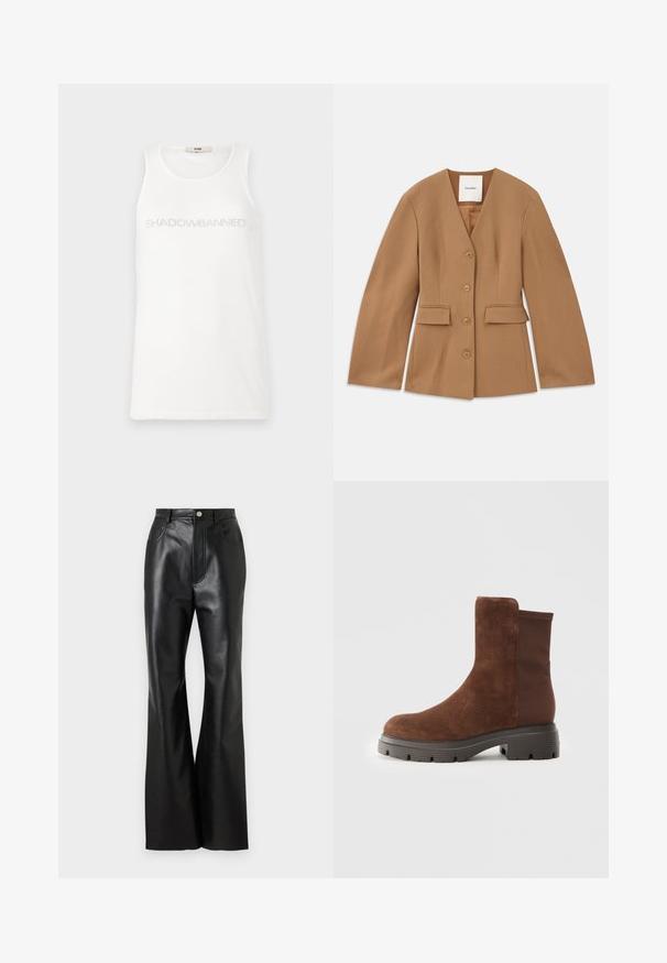 Brun skræddersyet blazer med v-udskæring, seks knapper foran, to klaplommer og lange ærmer lavet af et glat stof.; Hvid tanktop lavet af blødt stof. Har teksten "SHADOWBANNED" i lys grå over brystet. Enkel, ærmeløs design.; Sorte læderflare bukser med en glat overflade, forlommer og kontrasterende syninger. Har en knaplukning og en struktureret talje.; Brun ruskindsankelstøvle med elastiske sidepaneler, rund tå og en tyk gummisål med en struktureret slidbane.