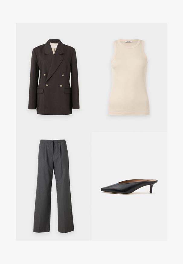 Dark brown double-breasted blazer with notched lapels, two front pockets, and light-colored lining. Made from a smooth, structured fabric.; Tank top in light beige, ribbed fabric, sleeveless design with a round neckline, featuring subtle stitching details and a straight hem.; Gray wide-leg trousers with a textured finish, featuring a button closure and elastic waistband for comfort. Detailed with pleats.; Black leather mules with a pointed toe and low, block heel. Smooth texture with a sleek design. Open back with minimal detailing.